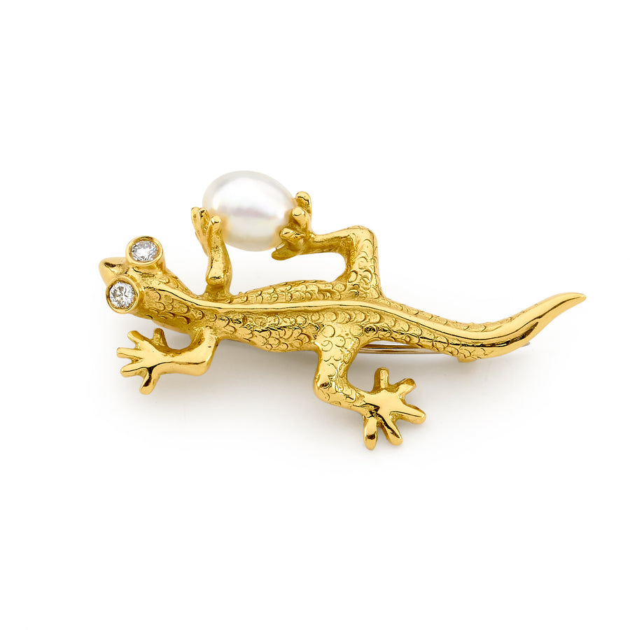 18ct Yellow Gold South Sea Pearl & Diamond Gecko Brooch