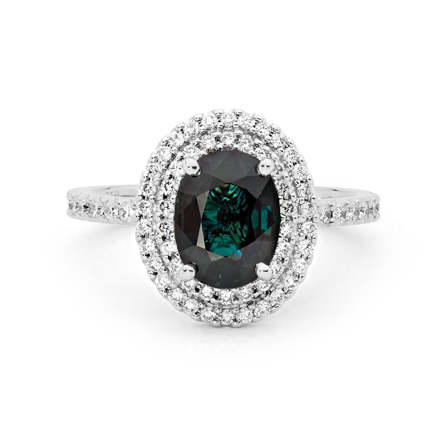 'Glimmering Pools' Teal Sapphire & Diamond Engagement Ring