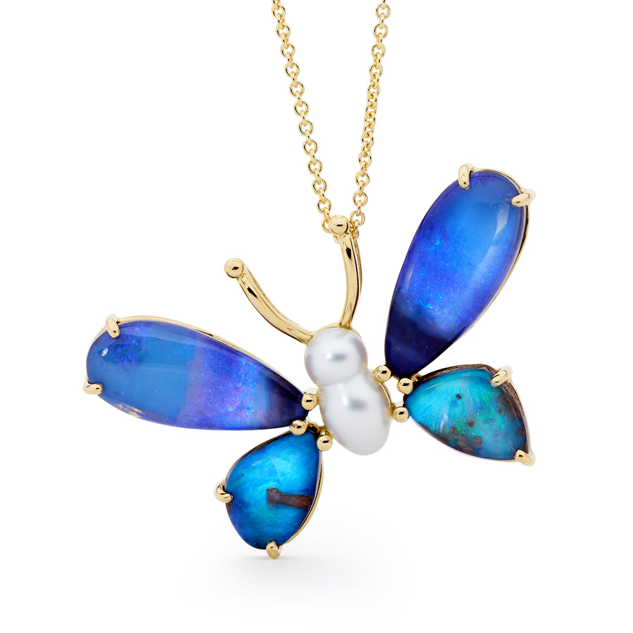 'Western Jewel Butterfly' Boulder Opal & South Sea Pearl Pendant